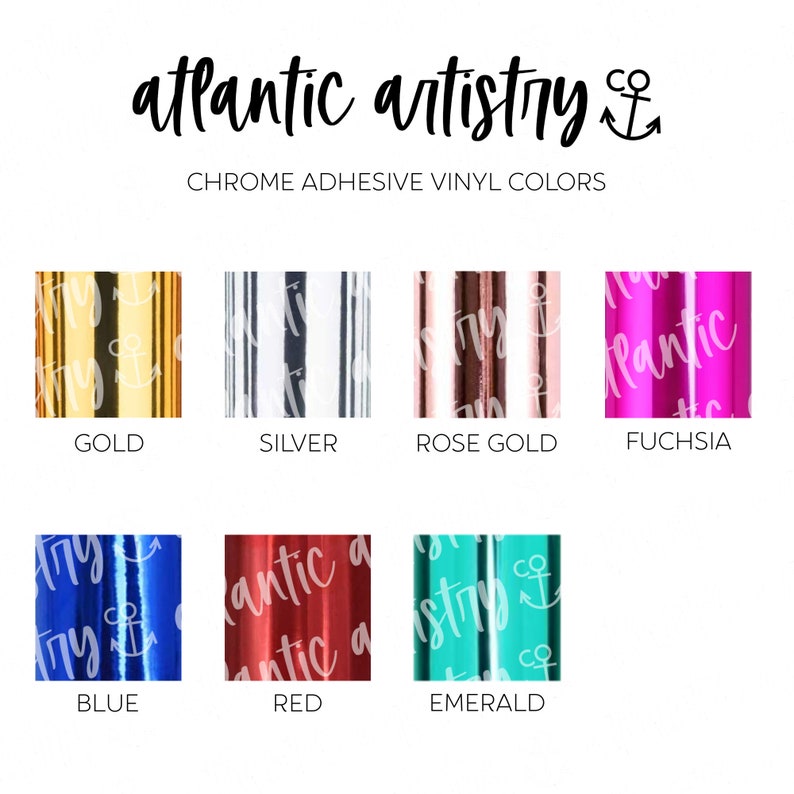 May include: Six samples of chrome adhesive vinyl in different colors: gold, silver, rose gold, fuchsia, blue, and emerald. Each sample has a small anchor symbol and the word "atlantic" printed on it.