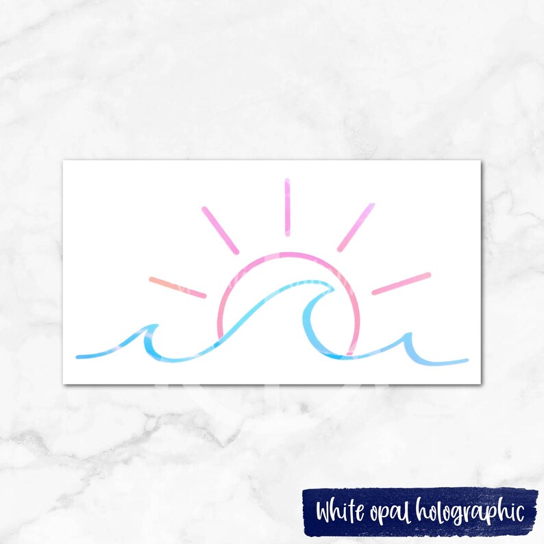 May include: A white opal holographic sticker with a pink and blue watercolor sun and wave design.