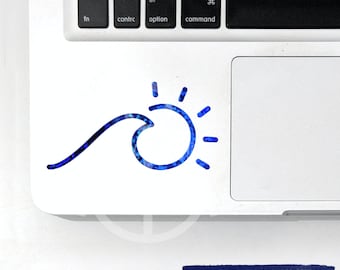 Ocean wave and sun decal, holographic wave and sun sticker, oneline decal, simple ocean decal for laptop, small beach sticker, opal waves