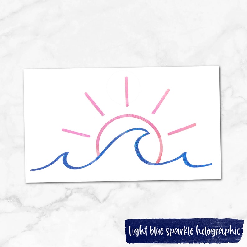 May include: A watercolor illustration of a pink and blue sun setting over a blue wave. The sun has a pink center and blue rays. The wave is a light blue color.