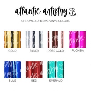 May include: Six samples of chrome adhesive vinyl in different colors: gold, silver, rose gold, fuchsia, blue, and emerald. Each sample has a small anchor symbol and the word "atlantic" printed on it.