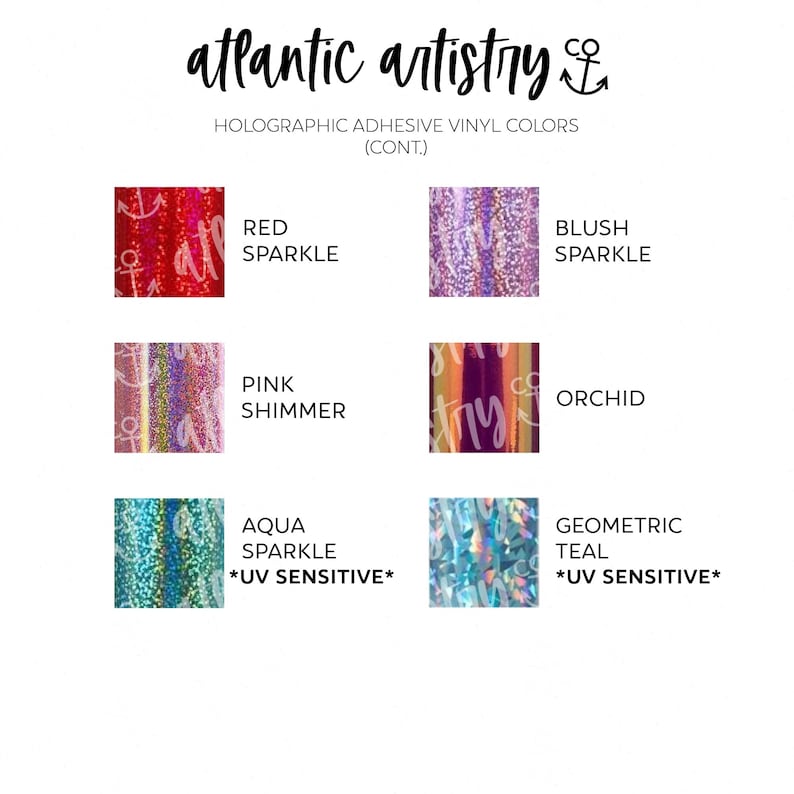 May include: A collection of holographic adhesive vinyl colors, including Red Sparkle, Blush Sparkle, Pink Shimmer, Orchid, Aqua Sparkle (UV Sensitive), and Geometric Teal (UV Sensitive).