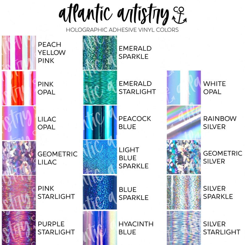 May include: A chart of holographic adhesive vinyl colors. The colors include peach yellow pink, pink opal, lilac opal, geometric lilac, pink starlight, purple starlight, emerald sparkle, emerald starlight, peacock blue, light blue sparkle, blue sparkle, hyacinth blue, white opal, rainbow silver, geometric silver, silver sparkle, silver starlight.