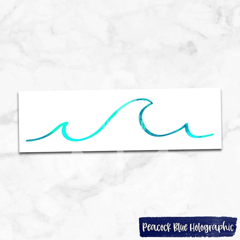 May include: A teal blue holographic wave design on a white background.