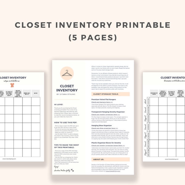 Closet Inventory Printable, Closet Organization, Instant Download, US Letter
