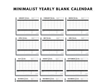 Minimalist Yearly Blank Calendar | Modern Printable Calendar | Undated Calendar | 12 Month Calendar | Year At A Glance | Black and White