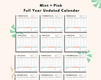Mint and Pink Full Year Undated Calendar | 12 Month Calendar | Printable Calendar | Year At A Glance | Printable Calendar Bundle | 12 PDFs