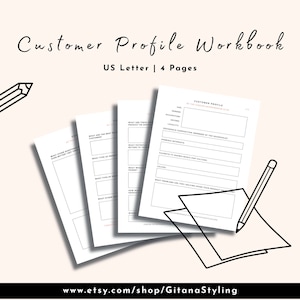 Puede incluir: Un libro de trabajo imprimible en blanco y negro titulado "Customer Profile Workbook" con el texto "US Letter | 4 Pages" debajo. El libro de trabajo est&aacute; dise&ntilde;ado para ayudar a las empresas a crear perfiles de clientes.