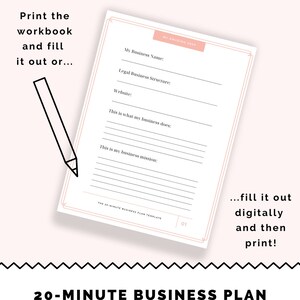 May include: A printable 20-minute business plan template with a pink and white colour scheme. The template includes sections for business name, legal structure, website, business description, and mission statement. The text "MY AMAZING 2020" is at the top of the page.