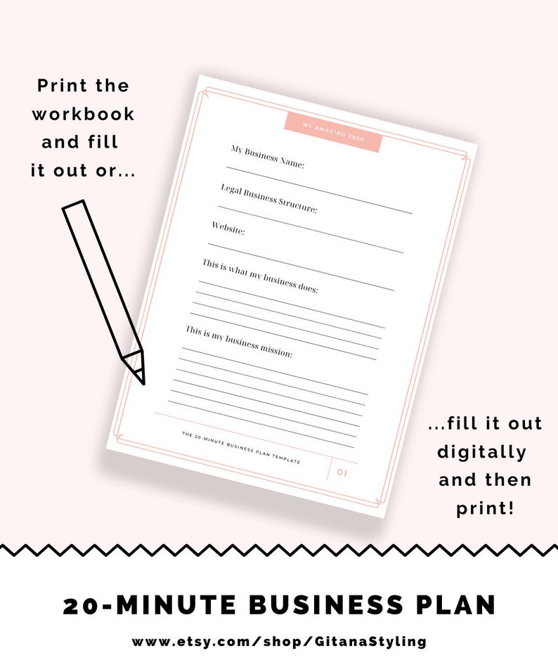 May include: A printable 20-minute business plan template with a pink and white colour scheme. The template includes sections for business name, legal structure, website, business description, and mission statement. The text "MY AMAZING 2020" is at the top of the page.