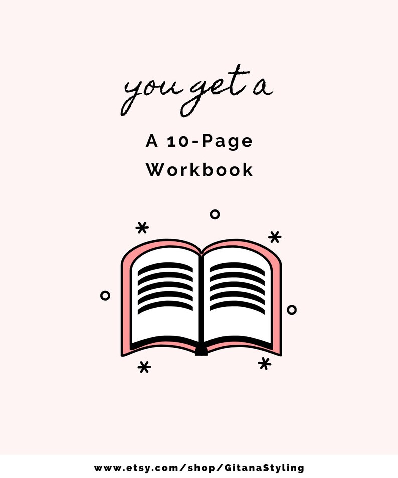May include: An illustration of an open book in pink and black with the text "you get a A 10-Page Workbook" above it. The book is surrounded by stars and circles.