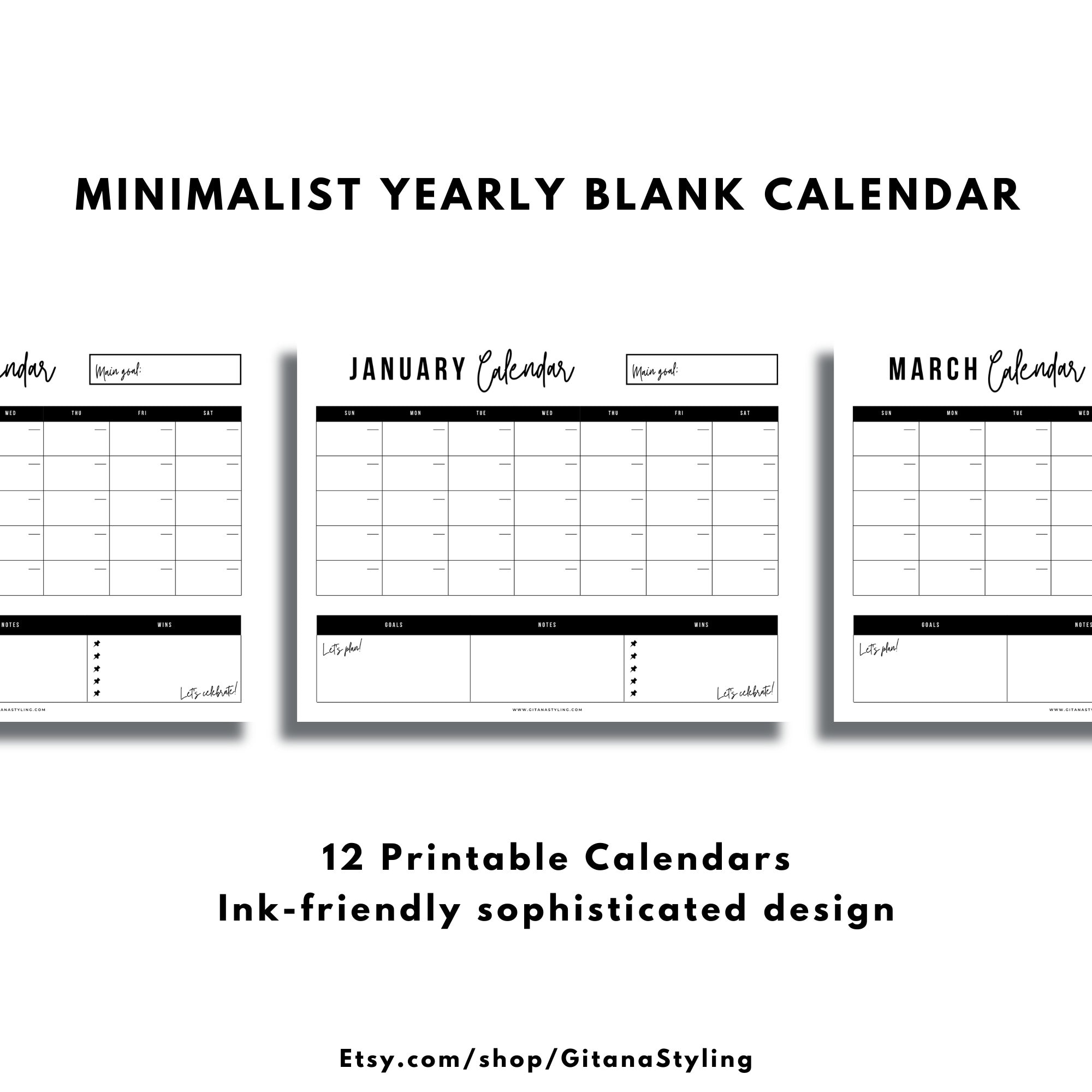 Minimalist Yearly Blank Calendar Modern Printable Calendar Undated ...