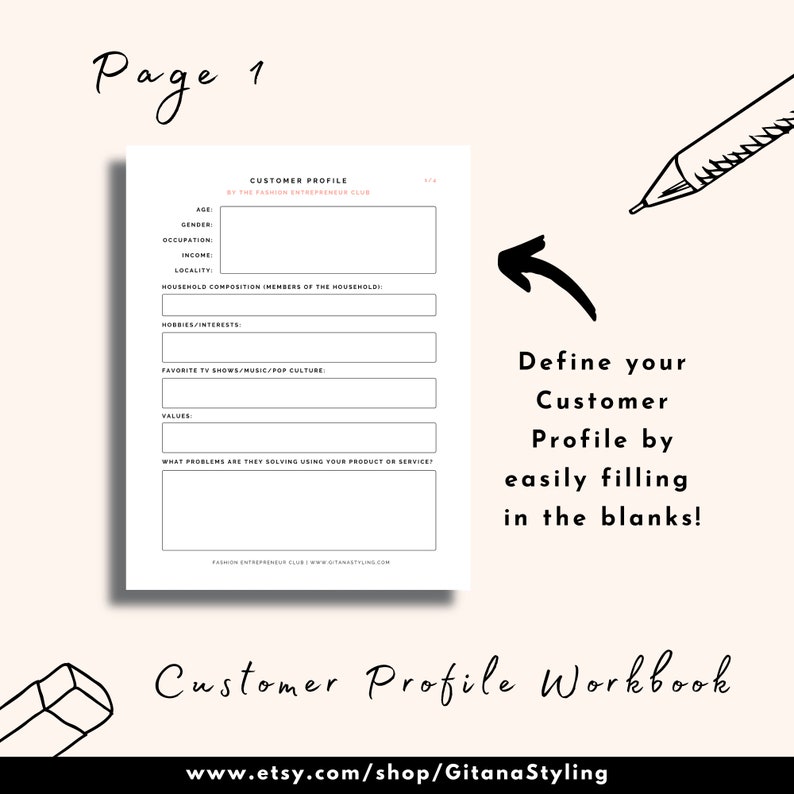 Puede incluir: Un libro de trabajo de perfil de cliente imprimible en blanco y negro con el texto "Customer Profile Workbook" y "www.etsy.com/shop/GitanaStyling". El libro de trabajo est&aacute; dise&ntilde;ado para ayudar a definir un perfil de cliente rellenando los espacios en blanco.