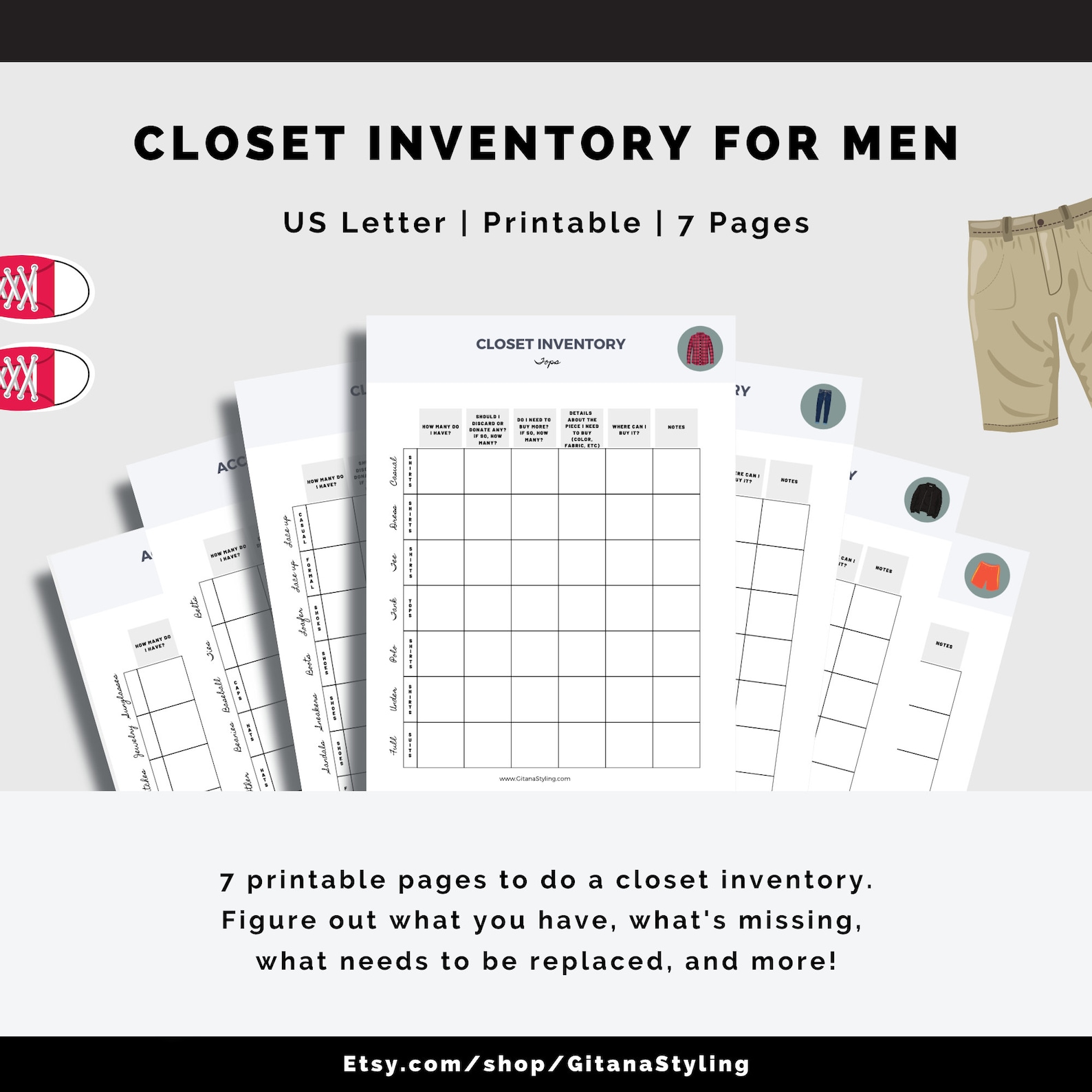 Closet Inventory for Men Printable Closet Organizer US Letter 7 Pages