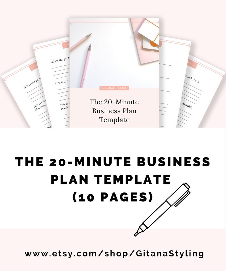 May include: A printable 20-minute business plan template with 10 pages. The template is designed to help you create a business plan quickly and easily. The template is available for purchase on Etsy.