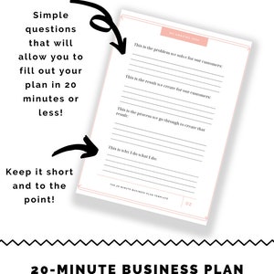 May include: A printable 20-minute business plan template with a pink and white colour scheme. The template includes sections for identifying the problem you solve, the result you create, the process you use, and why you do what you do. The text "MY AMAZING 2020" is at the top of the page.