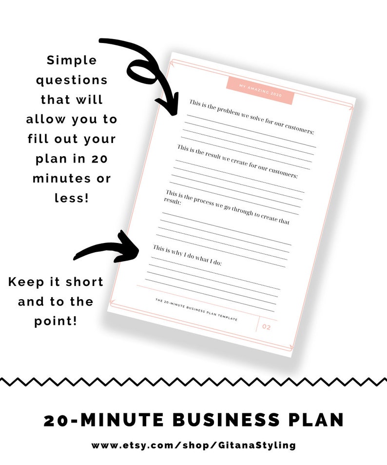May include: A printable 20-minute business plan template with a pink and white colour scheme. The template includes sections for identifying the problem you solve, the result you create, the process you use, and why you do what you do. The text "MY AMAZING 2020" is at the top of the page.
