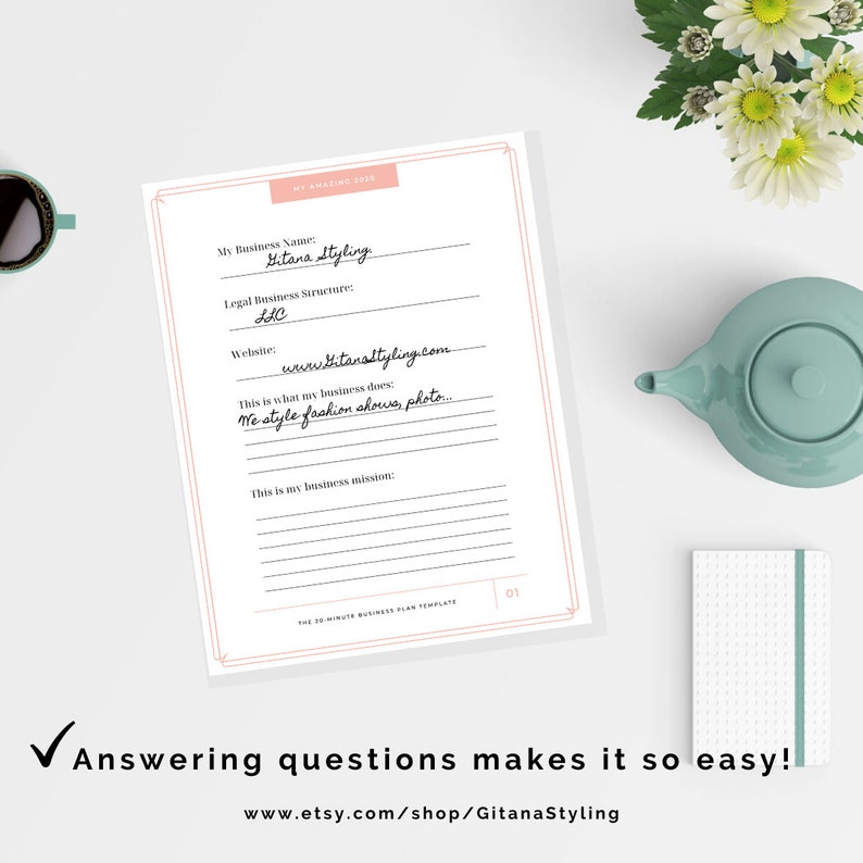 May include: A printable business plan template with a pink and white colour scheme. The template includes sections for business name, legal business structure, website, what the business does, and business mission.