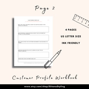 Puede incluir: Un libro de trabajo de perfil de cliente imprimible en blanco y negro con el texto "Customer Profile Workbook" y "www.etsy.com/shop/GitanaStyling". El libro de trabajo est&aacute; dise&ntilde;ado para ser utilizado por emprendedores de la moda e incluye preguntas para ayudarlos a comprender a su cliente ideal.