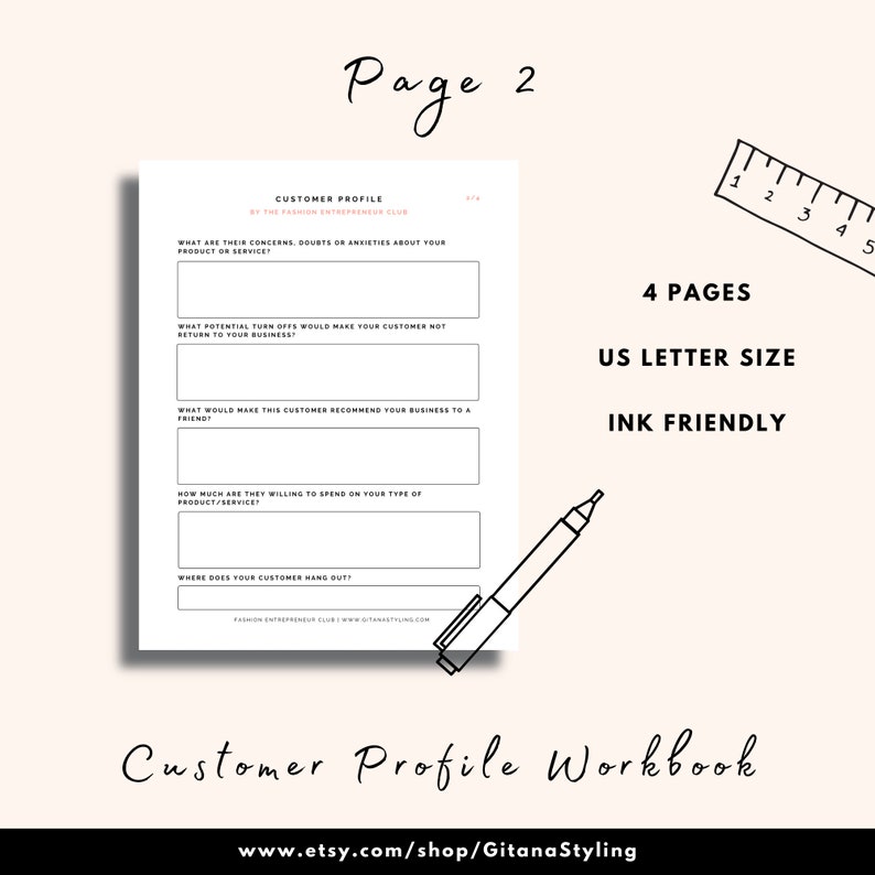 Puede incluir: Un libro de trabajo de perfil de cliente imprimible en blanco y negro con el texto "Customer Profile Workbook" y "www.etsy.com/shop/GitanaStyling". El libro de trabajo est&aacute; dise&ntilde;ado para ser utilizado por emprendedores de la moda e incluye preguntas para ayudarlos a comprender a su cliente ideal.