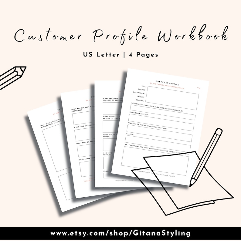 Puede incluir: Un libro de trabajo imprimible en blanco y negro titulado "Customer Profile Workbook" con el texto "US Letter | 4 Pages" debajo. El libro de trabajo est&aacute; dise&ntilde;ado para ayudar a las empresas a crear perfiles de clientes.