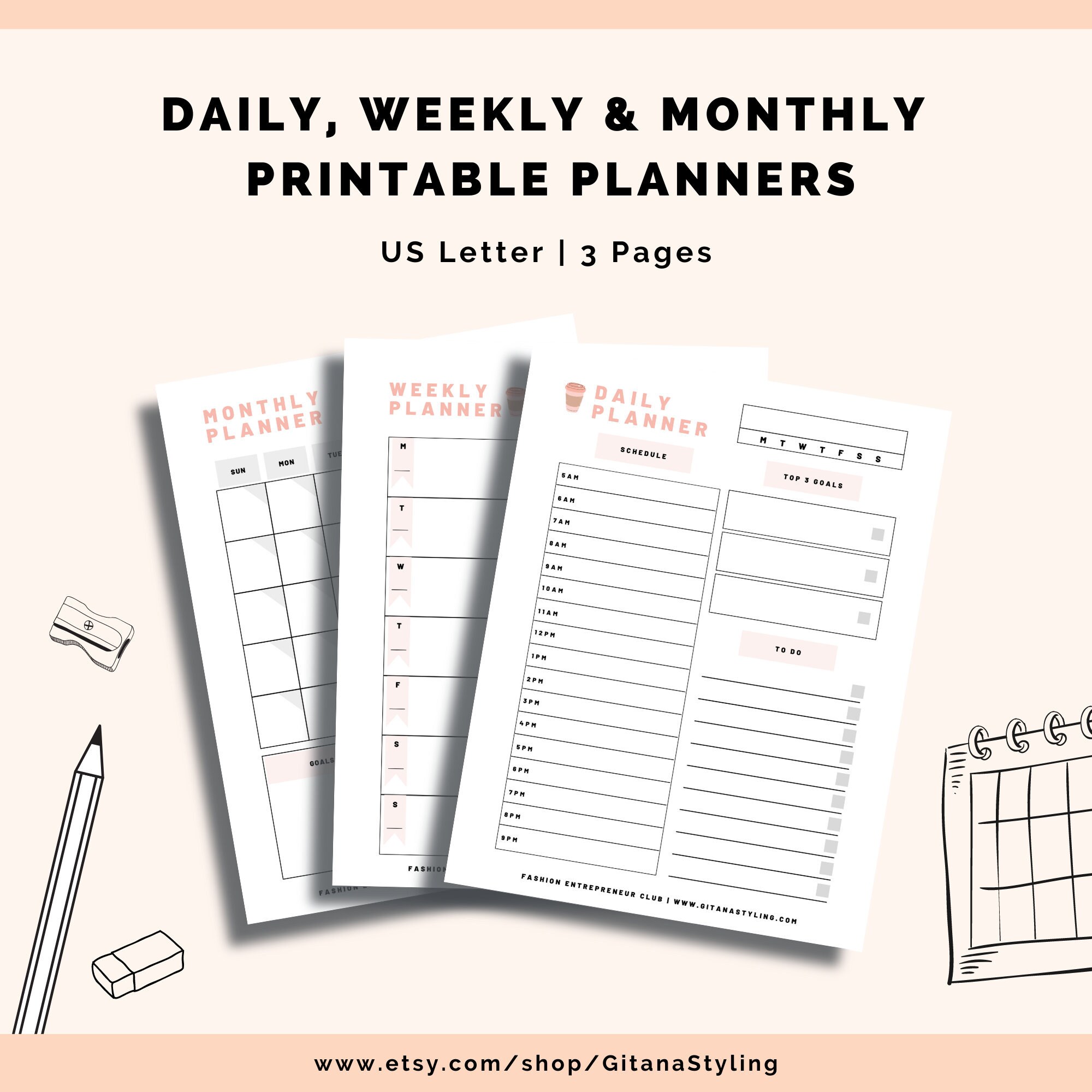 Daily, Weekly and Monthly Printable Planners | 3 Pages | US Letter ...