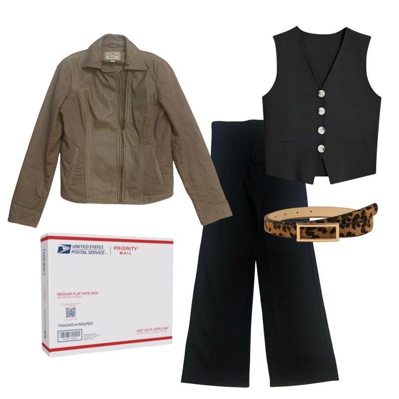 K&ouml;nnte beinhalten: Eine Auswahl an Kleidungsst&uuml;cken: eine hellbraune Lederjacke, eine schwarze Weste mit silbernen Kn&ouml;pfen, eine schwarze Hose und ein G&uuml;rtel mit Leopardenmuster und goldener Schnalle. Eine wei&szlig;e USPS Priority Mail Box ist ebenfalls vorhanden.