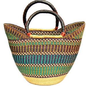 Bolga Tote Mixed Colors With Leather Handle 18-inch Home - Etsy