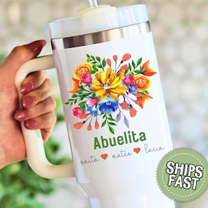 Personalized Abuelita Tumbler with Mexican Flowers, Custom Abuela Tumbler Cup, Abuelita Gift from Grandkids Mexican Floral Tumbler, 40oz Cup