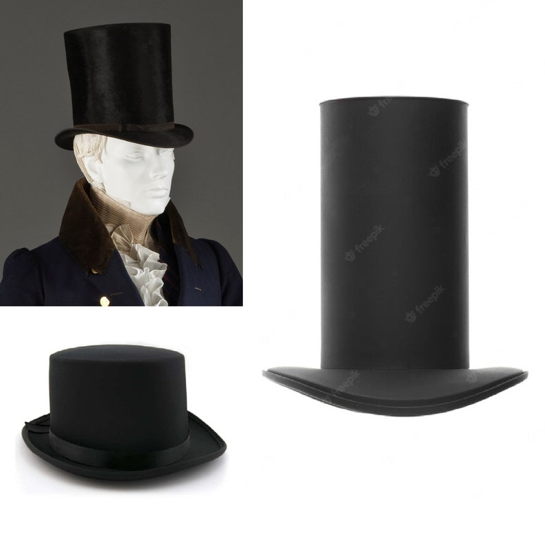 May include: Two black top hats. The top hat on the left is being worn by a mannequin. The top hat on the right is lying flat on a white surface.