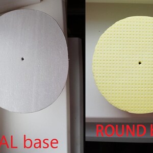 May include: Two round cake bases, one white and one yellow with a textured surface. The white base is labelled "OVAL base" and the yellow base is labelled "ROUND base".