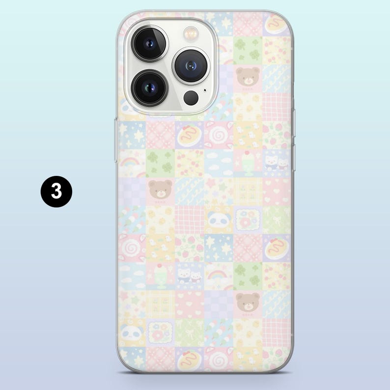May include: A clear phone case featuring a patchwork design with pastel squares. Each square has a different pattern, including teddy bears, rainbows, and desserts. The case has a clear border and a camera cutout.