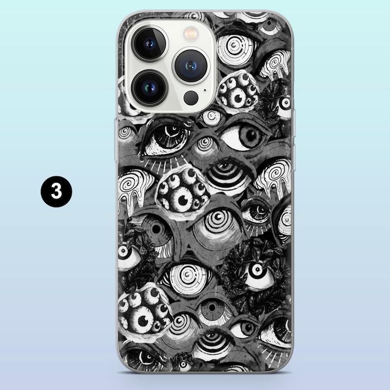 Op de afbeelding: Een telefoonhoesje met een herhaald patroon van gestileerde ogen in grijstinten en zwart. Het ontwerp bevat verschillende oogvormen en -maten, met ingewikkelde details en schaduwen. De hoes heeft een doorzichtige rand en een camera-uitsparing.