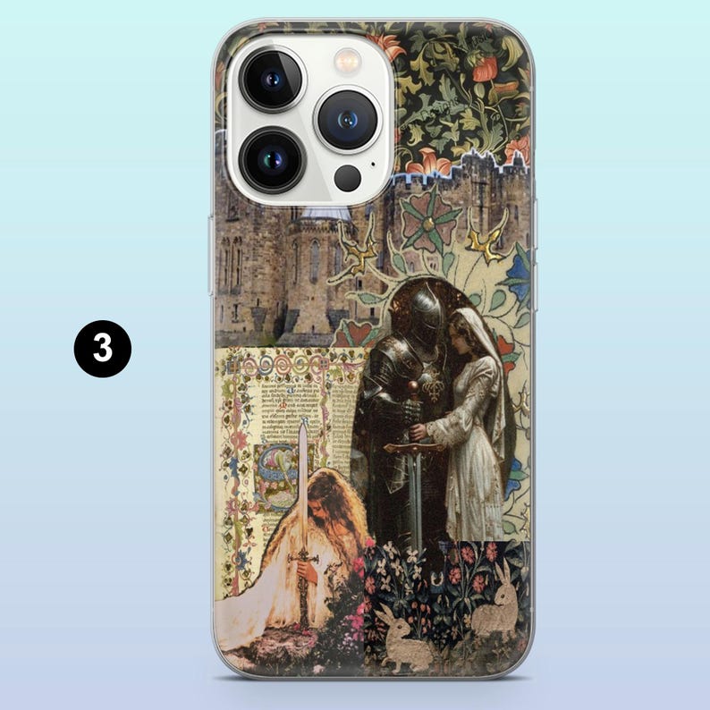 May include: A phone case featuring a collage of medieval art. The design includes a castle, a knight and woman, and a figure holding a sword. Floral and rabbit motifs are also present, with a number "3" in a black circle.