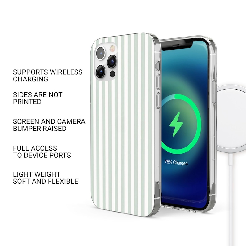 May include: A clear phone case with a green and white striped design. The case is compatible with wireless charging and has a raised bumper to protect the screen and camera. The case is lightweight and flexible.