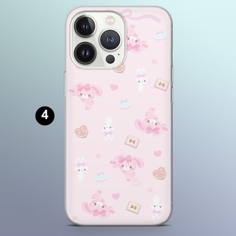 May include: Pink phone case with a repeating pattern of cartoon bunnies, hearts, and cookies. The case has a clear border and a camera cutout. The number "4" is in a black circle in the upper left corner.