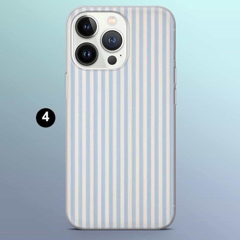 May include: A clear phone case with a white and light blue striped pattern. The case is designed for a phone with a triple camera system.
