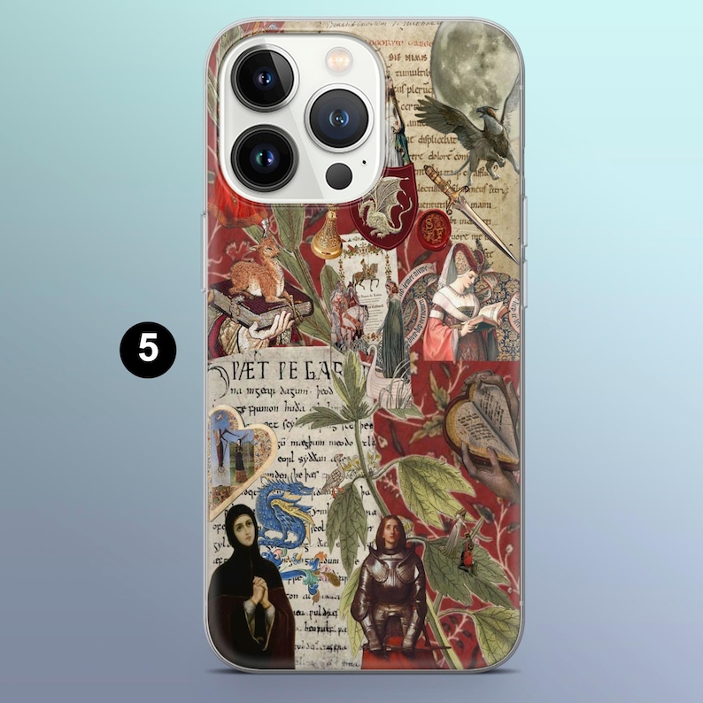 May include: A phone case featuring a collage of medieval illustrations in red, cream, and green. The design includes images of a squirrel, a knight, and text. The number "5" is printed in black on the left side.