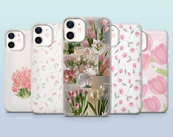 Girly Tulips Phone Case Spring Flowers Aesthetic Cover for iPhone 16,15,14,13,12, Samsung S25,S24,S23FE,S22,A16,A26,A56, Pixel 9Pro,8A,7