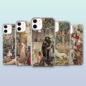 May include: A collection of five phone cases with medieval-themed artwork. Each case features a different design, including castles, knights, and scenes from historical art. The cases have a clear border, allowing the artwork to be the focal point.