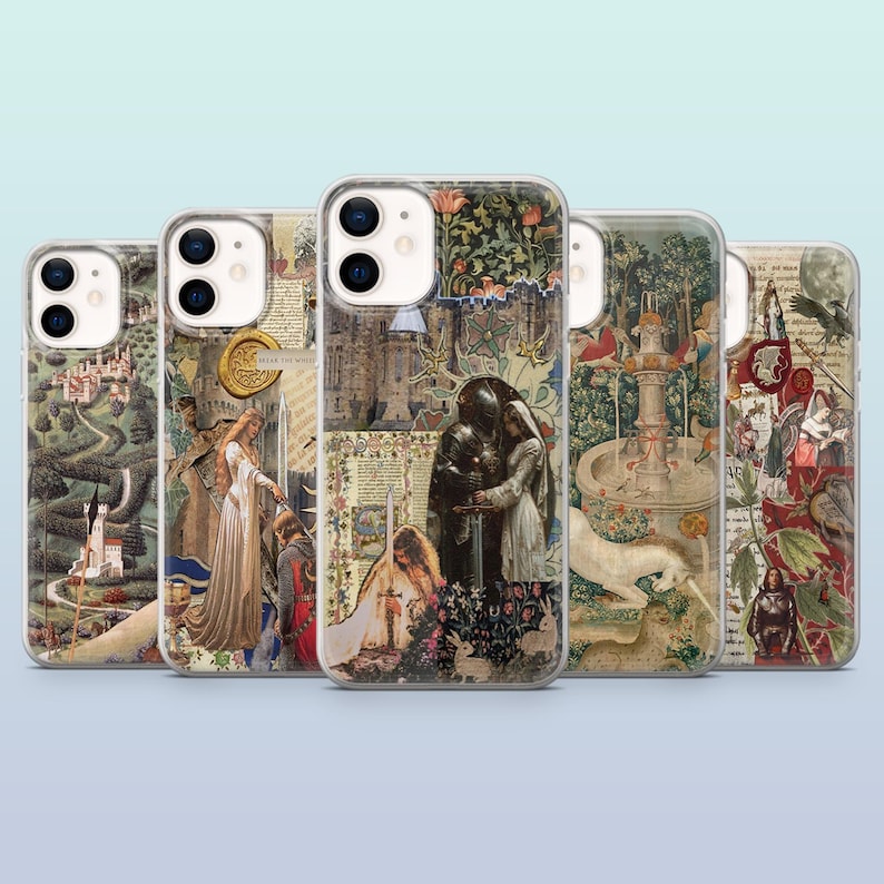 May include: A collection of five phone cases with medieval-themed artwork. Each case features a different design, including castles, knights, and scenes from historical art. The cases have a clear border, allowing the artwork to be the focal point.