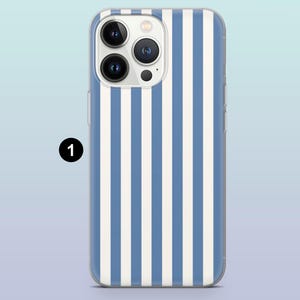 May include: A clear phone case with a blue and white striped pattern. The case is designed for a phone with a camera bump.