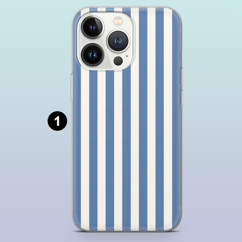 May include: A clear phone case with a blue and white striped pattern. The case is designed for a phone with a camera bump.
