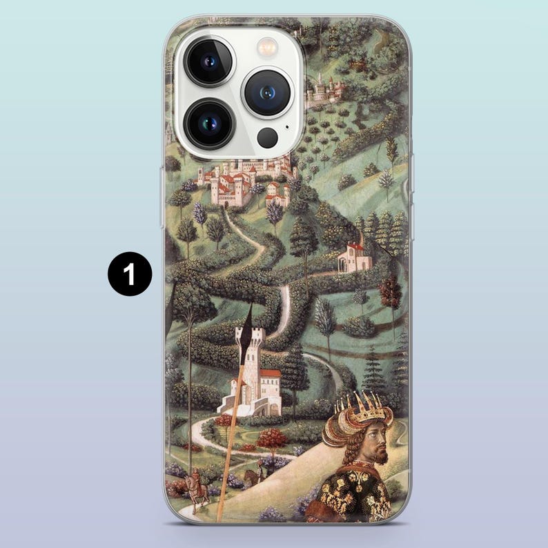 May include: A clear phone case featuring a detailed medieval landscape illustration. The artwork depicts a winding road leading to a castle, with a king in the foreground. The case has a glossy finish and is designed to fit a smartphone.