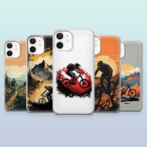 May include: Four different phone cases featuring mountain and mountain biking designs. The cases are clear, black, white and grey.