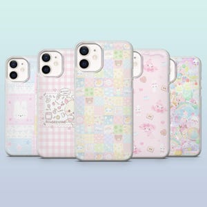 May include: Five phone cases with various pastel designs. The cases feature patterns like a bunny, gingham, patchwork, and characters. The cases are in shades of pink, blue, and yellow, with clear edges.