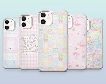 May include: Five phone cases with various pastel designs. The cases feature patterns like a bunny, gingham, patchwork, and characters. The cases are in shades of pink, blue, and yellow, with clear edges.