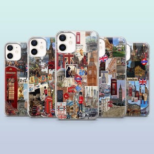 Può includere: Cinque custodie trasparenti per telefono con un collage di immagini di Londra. Ogni custodia presenta monumenti iconici come cabine telefoniche rosse, il Big Ben e autobus a due piani. I disegni incorporano bandiere Union Jack e manifesti di viaggio vintage.