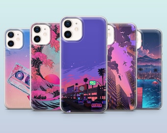 May include: Set of five phone cases with different designs. The cases are all clear and have a variety of colorful graphics. One case features a cityscape at night, another has a wave with a pink and blue color scheme, another has a cassette tape, another has a cityscape with a pink and purple color scheme, and the last one has a cityscape with a blue and pink color scheme.