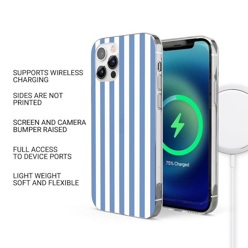 May include: A blue and white striped phone case with a raised camera bumper. The case is compatible with wireless charging. The text "75% Charged" is visible on the phone screen.
